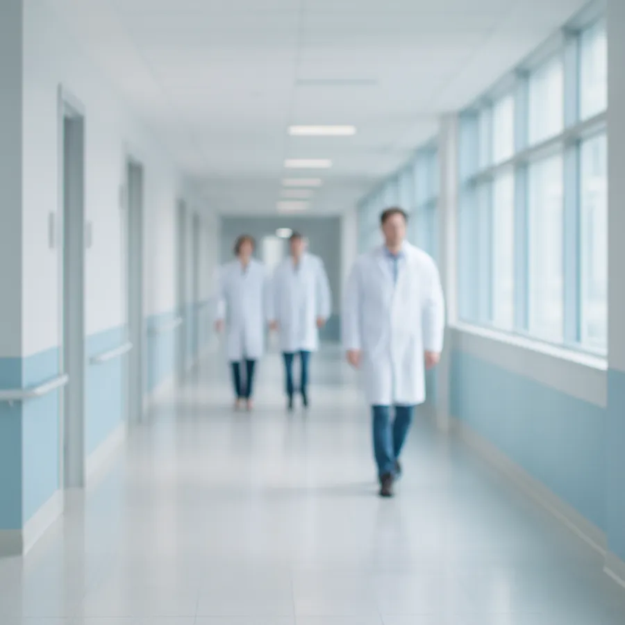 Corredor de un hospital moderno con profesionales de la salud